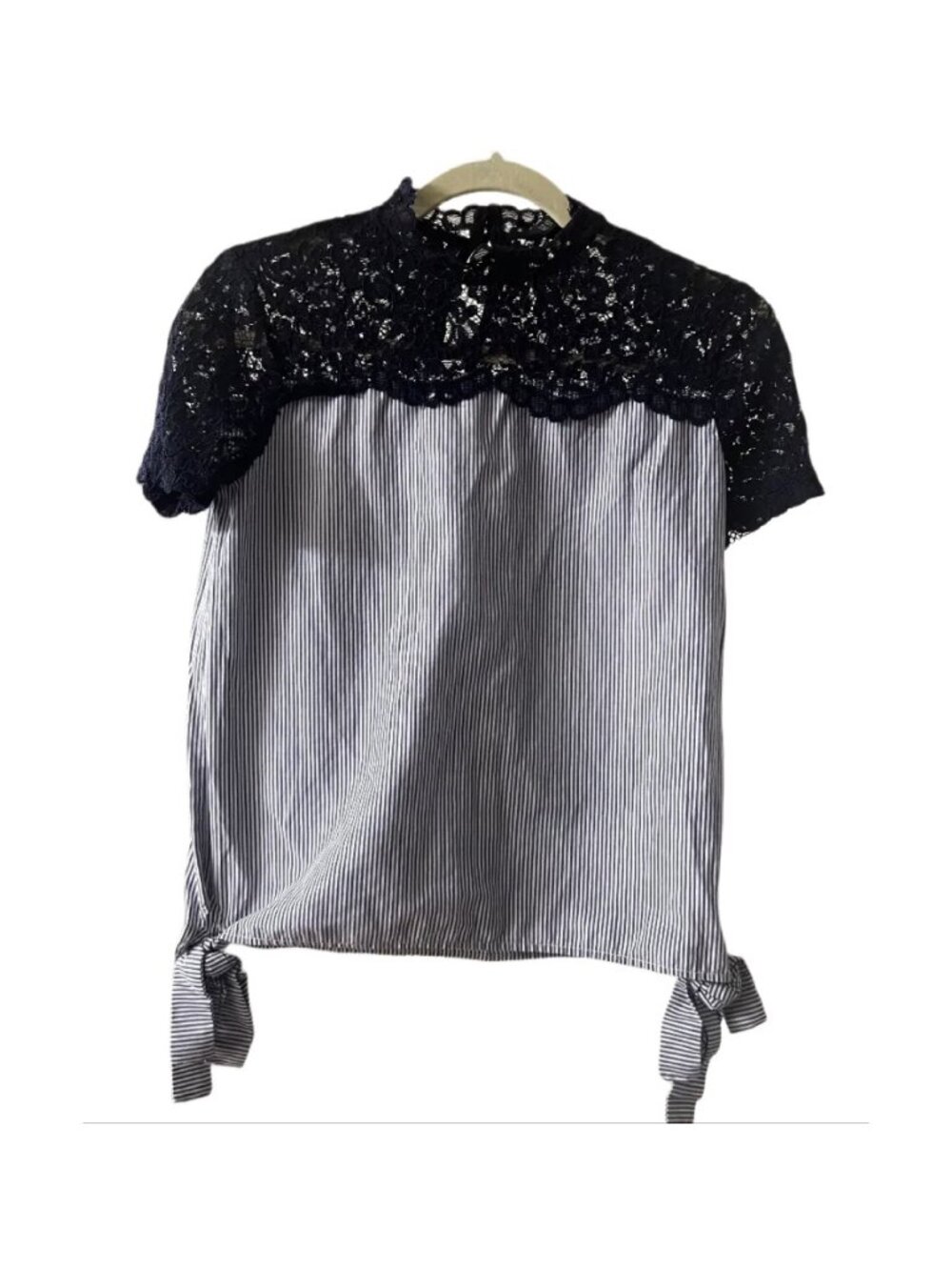 ZARA Lace Yoke Striped Tie Side Top XS